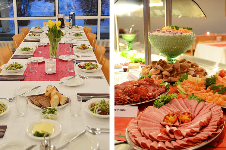 Dubbel bild där ena bilden föreställer ett dukat bord och den andra bilden mat på ett bord.