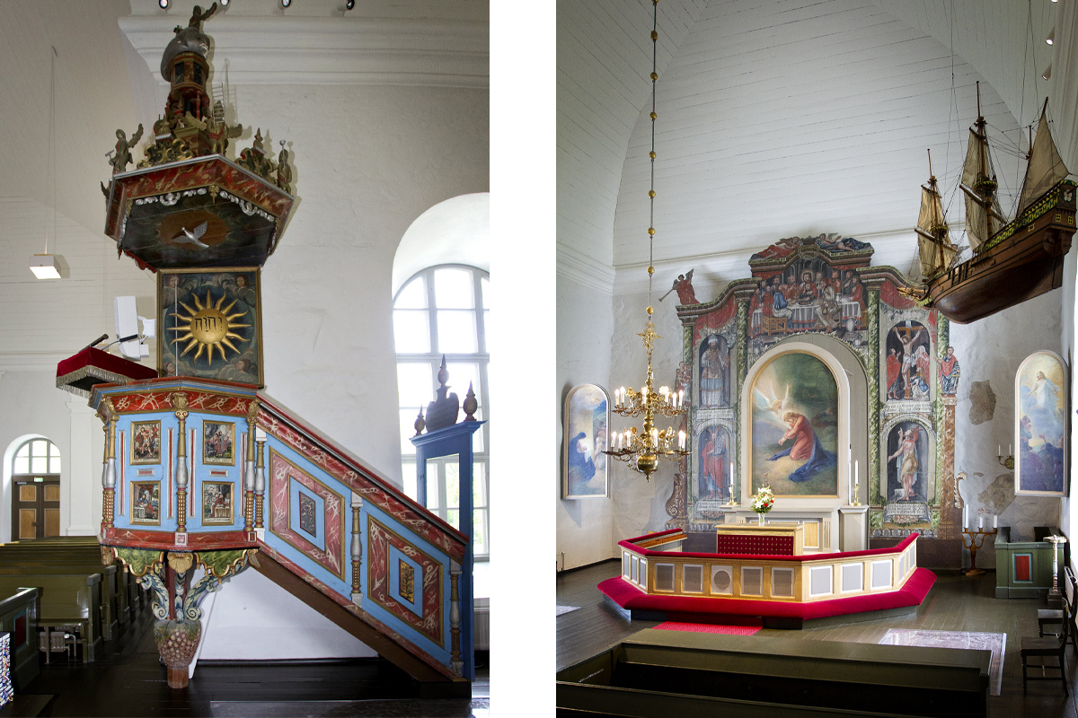 Sockenkyrkans predikstol och altare efter renoveringen 2019.