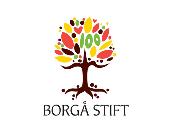 Borgå stifts jubileumslogo. Ett träd med färgglad krona och siffran 100.