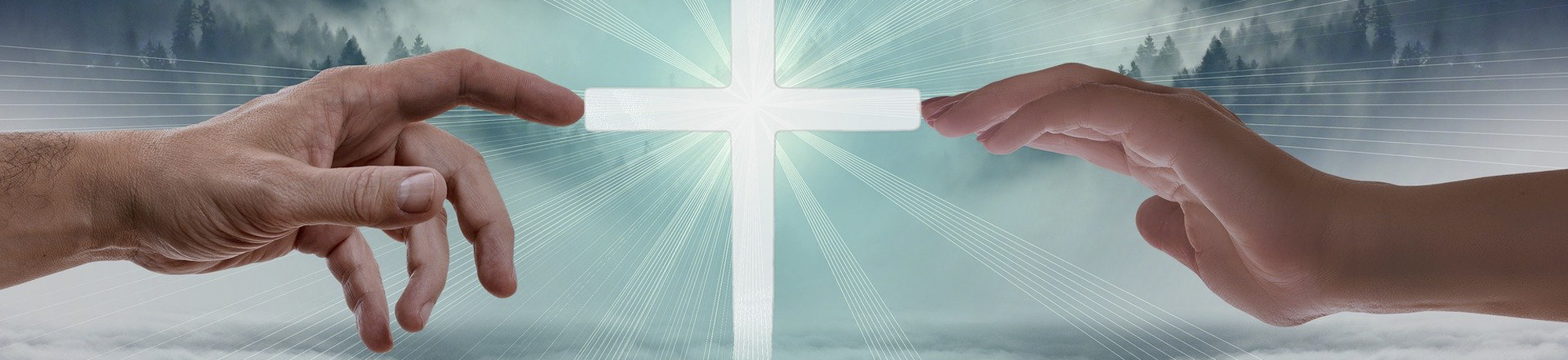Banner med ett kors i mitten och en hand på var sida som pekar på korset.
