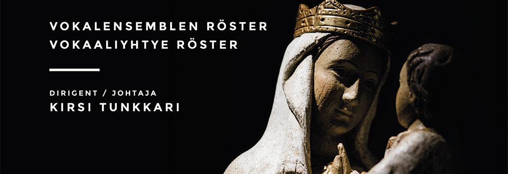 Staty av Jungfru Maria och Jesusbarnet. Text: Vokkalensemblen Röster, vokaaliyhtye Röster.