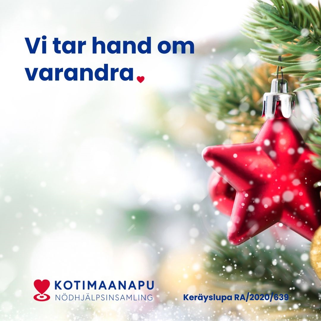 Nödhjälpsinsamlingens bild, snöfall och julpynt. Vi tar hand om varandra.